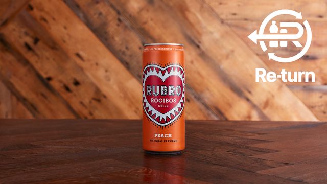 A can of Rubro Peach with DRS logo overlaid on top